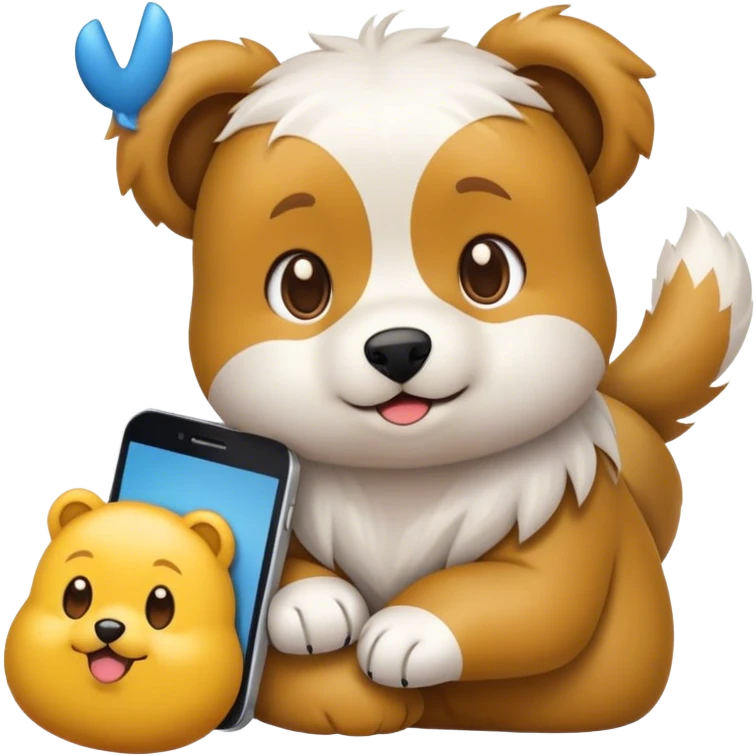 Emoji estilo iPhone de uma menina gamer bonita, cabelo longo e liso, com headset. Também emojis dos seus dois cachorros: um Yorkshire fofinho e um cão branco peludo tipo urso. Um emoji dela no PC editando emojis." emoji