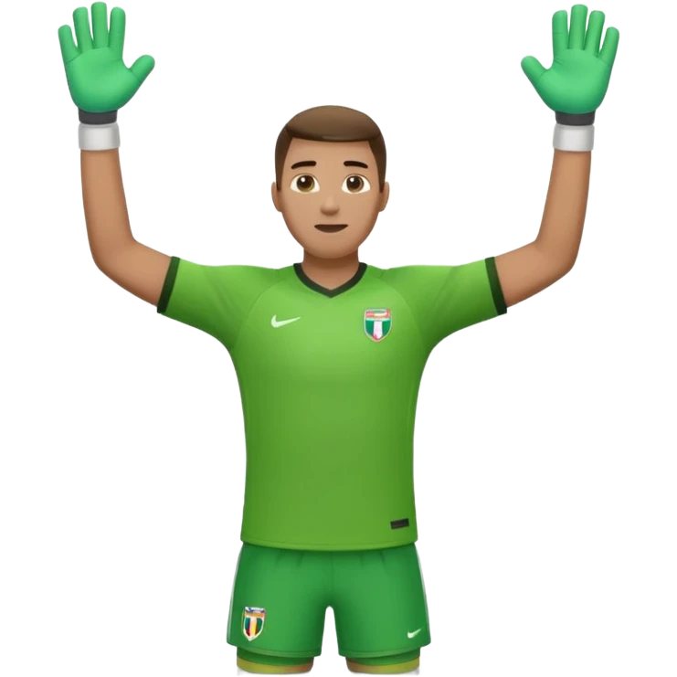 soccer goalkeeper wearing a green shirt, shorts, socks and football boots, with arms raised emoji