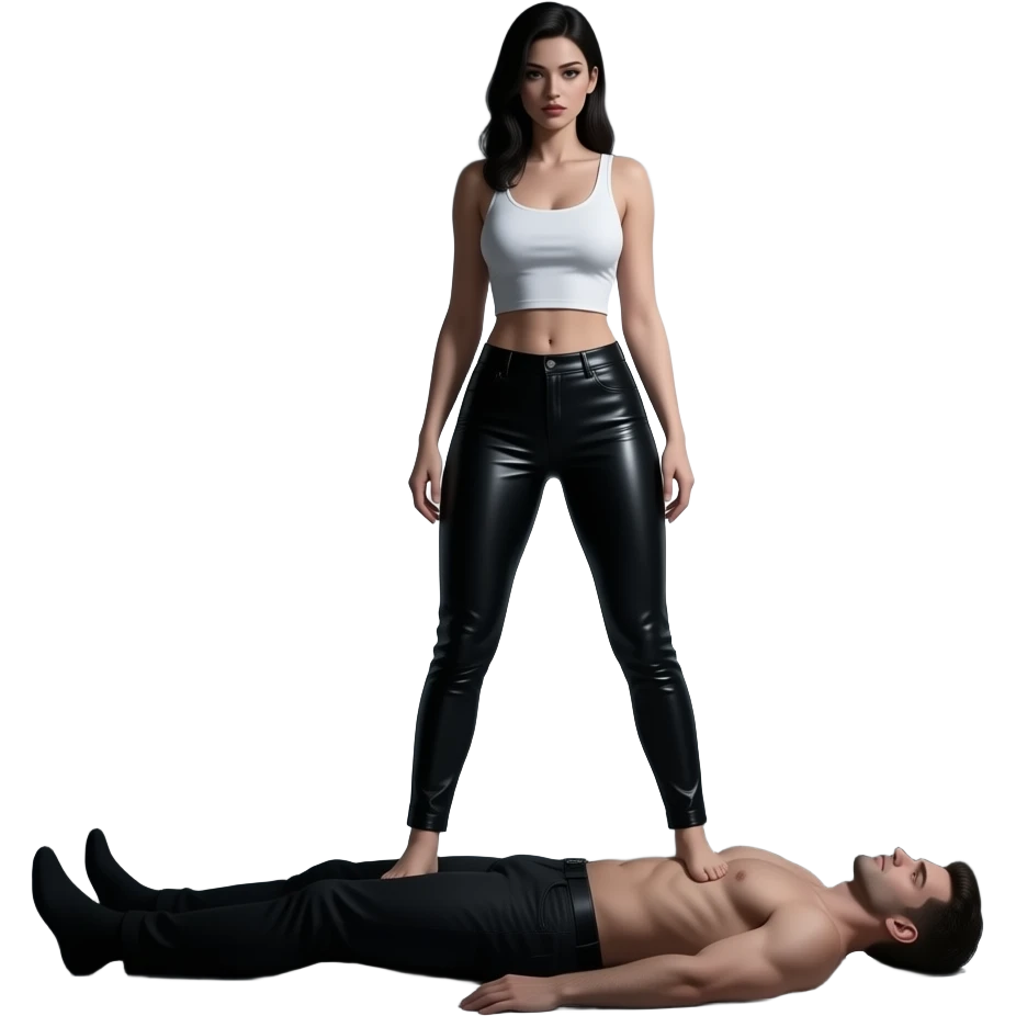 Cinematic photo of a dominant woman in leather standing over a submissive man in a moody, dimly lit room; dramatic shadows, sharp power dynamic, role reversal, 8k resolution emoji