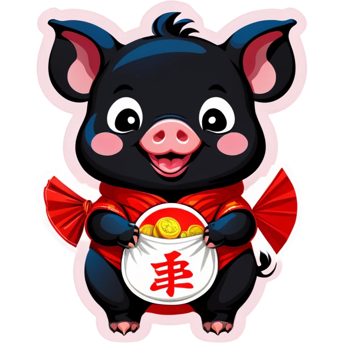 Cute baby black pig smiling with 4 fortune pouches. emoji