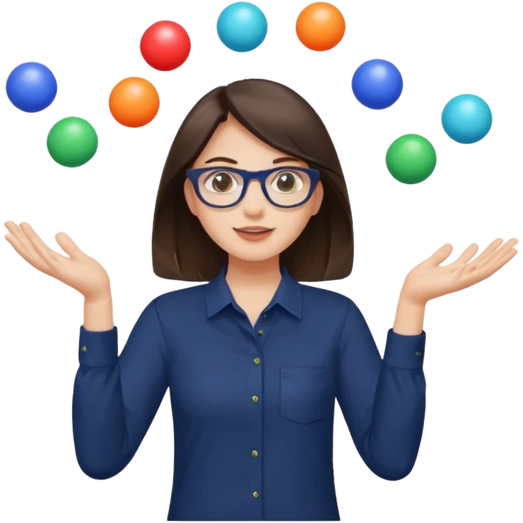 a brunette girl in a navy shirt wearing glasses is  juggling 5 multicolored balls with two hands  emoji