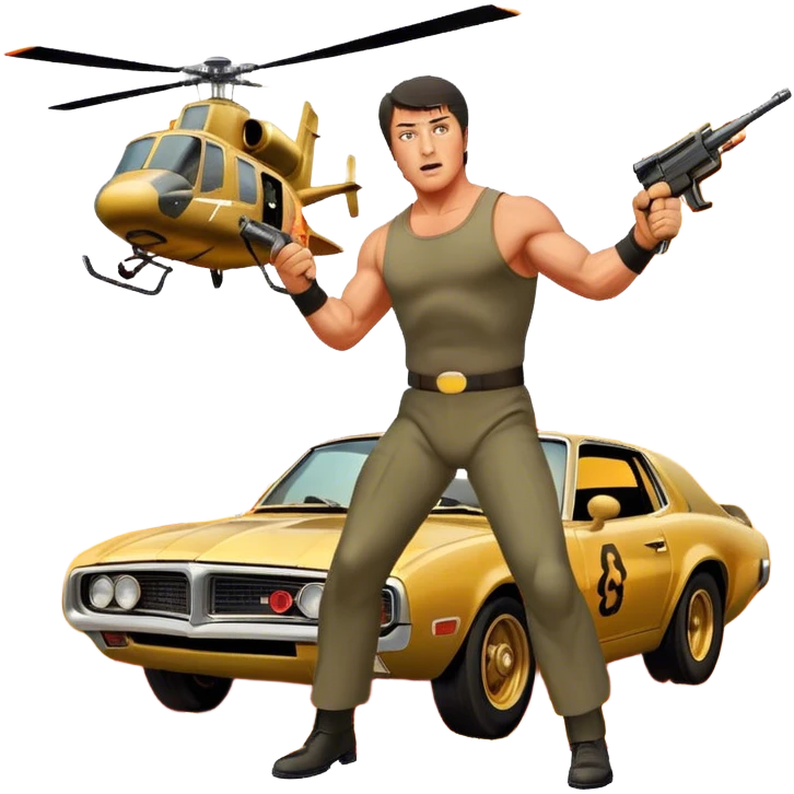 Icon for Action Movie: A vintage movie poster-style design featuring intense action scenes with explosions, weapons, and dramatic poses of Stallone. Include cars and helicopters flying out of flames in the background. Bold typography and retro cinematic style. Transparent background. emoji