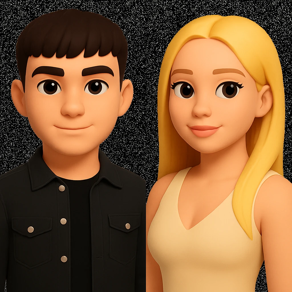 In the style of 3D Emoji, slightly increase the volume of the upper body of the girl, separate the girl and the boy from each other, and make the skin color the same for both characters. emoji