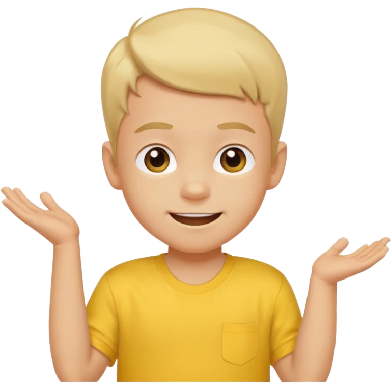 boy with baby hair cut shrugging his shoulder, wearing yellow shirt and smile emoji