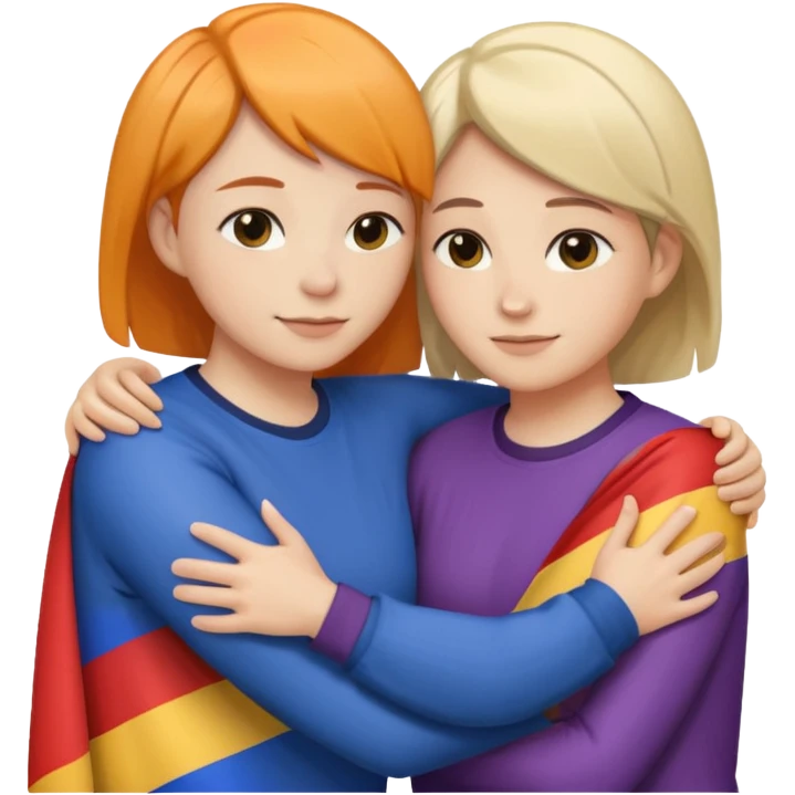 Lesbians hugging. One has short hair other has lond has. Add lesbian flag in the background emoji