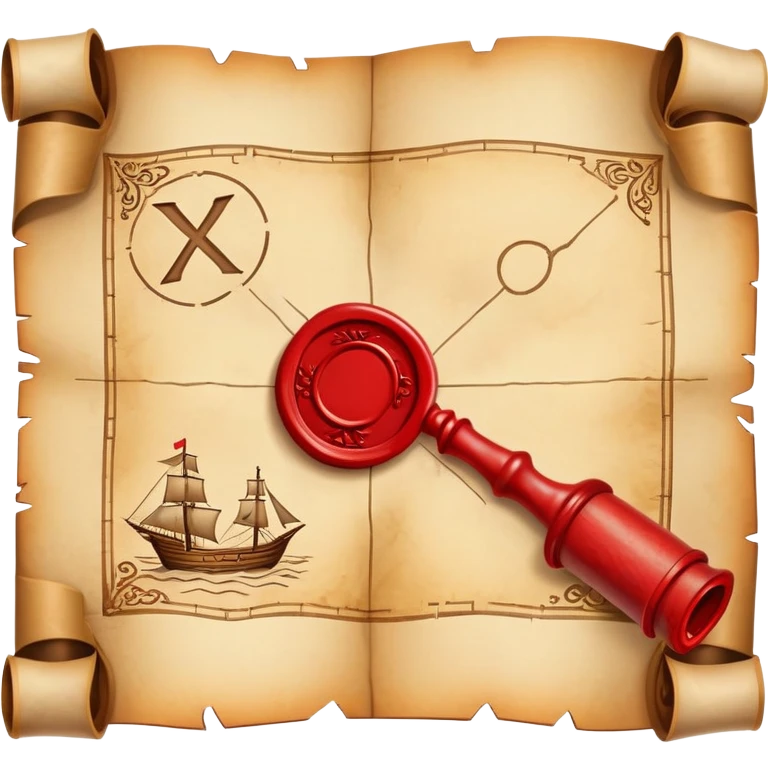 A rolled up treasure map with red wax seal, partially unfolded showing an X emoji