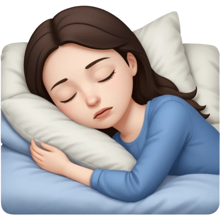 generate a girl brunette sleeping in bed. Looking upset emoji