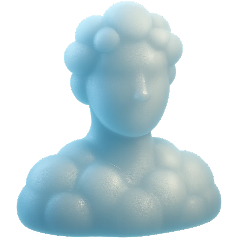 person looking straight, made entirely of white fluffy convex clouds, shoulder up, matte glass style, clouds with light blue glow emoji