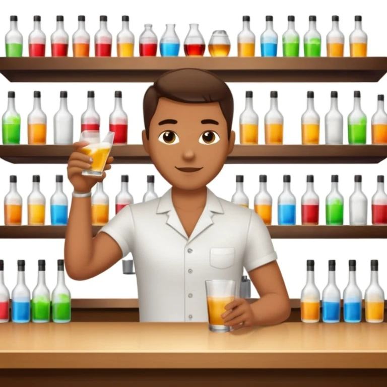 bartender mixing drinks, club backgroudn with bottles emoji