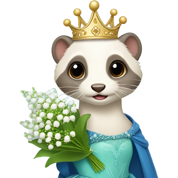 Ferret with a crown and a ball gown holding Lilly of the valley flowers emoji