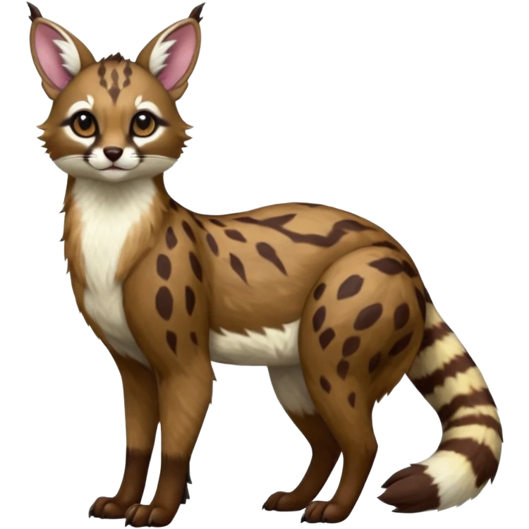 Colorful dark realistic chocolate-brown tropical beige fur glorious divine exotic cute cool beautiful shiny beautiful fantasy-Furret-Eevee-caracal-civet-genet-sergal-vernid-Cacomistle-oncilla-animal-Fakémon-hybrid-fursona with white deer-spots pattern markings (full body) emoji
