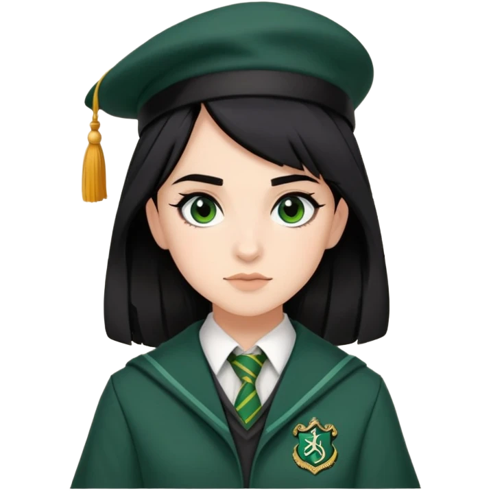 Pansy Parkinson in harry potter, wear hogwarts slytherin uniform, black hair, not wearing hat emoji