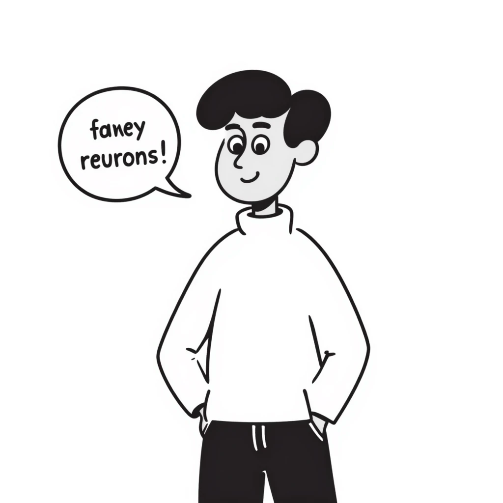 guy wearing a white jumper, speech bubble saying 'too few neurons' emoji