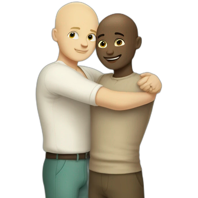Tall Hungarian 50s blond blue eyes bald man hugs African bald 50s man emoji