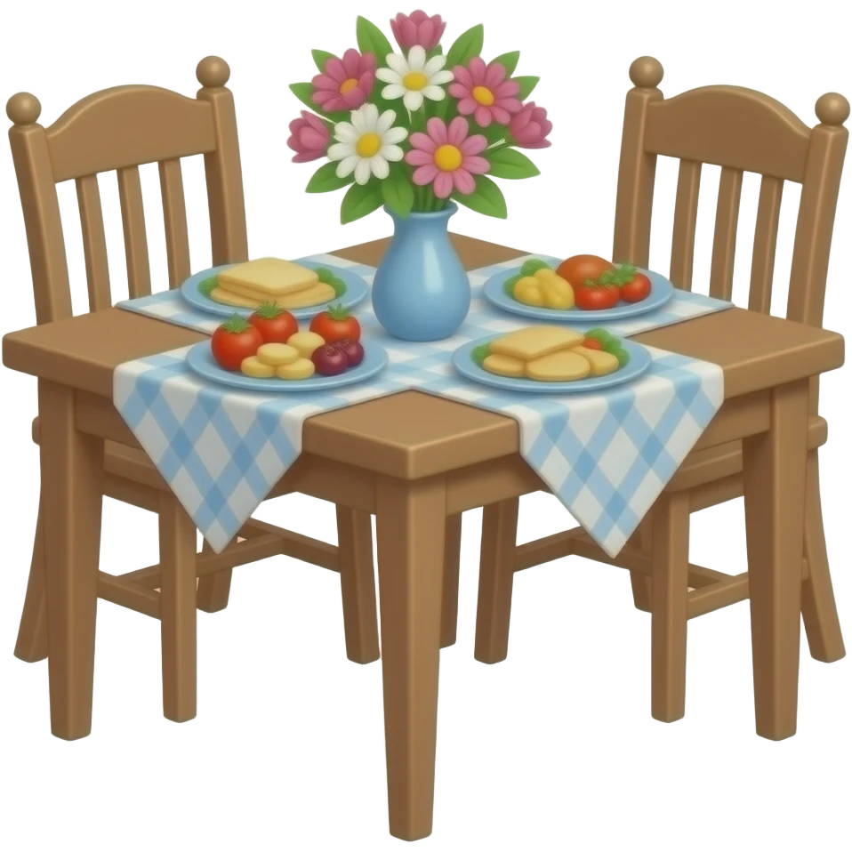 dining table with flowers, cloth and food on it and two chairs (no background) emoji