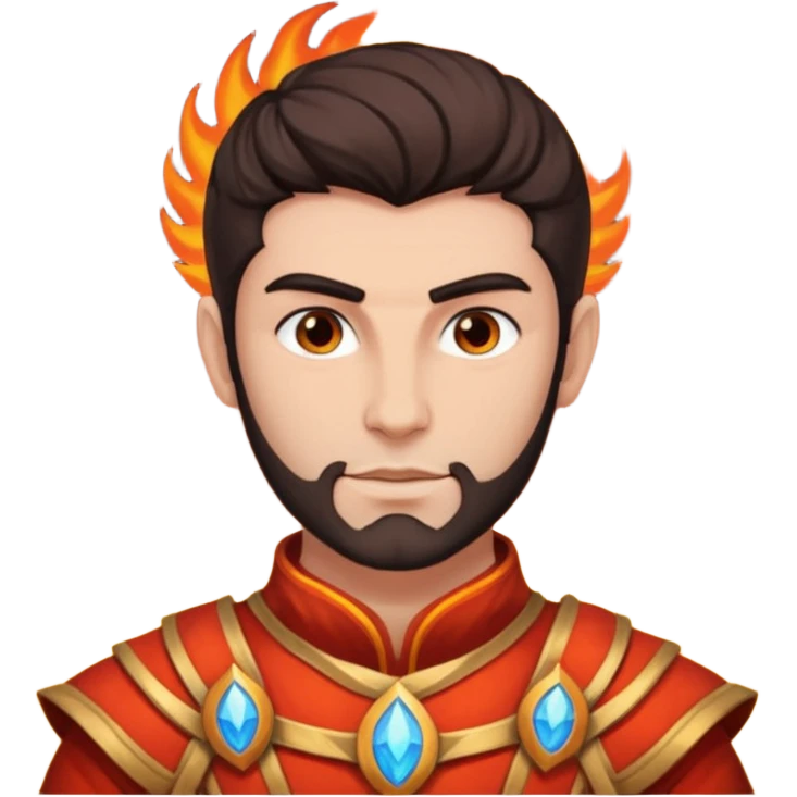 Vulcan, Fire God from Rome Mythology with dark brown hair, orange and red outfit, light tan skin emoji