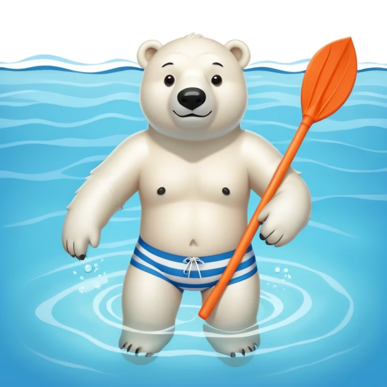 friendly anthropomorphised polar bear swimming in a wide pool scene, wearing striped swim trunks and snorkel gear emoji