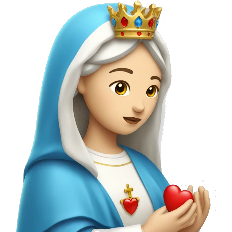 holy mary with a crown, blue veil, white clothes, white skin, holding a red heart in her hands emoji