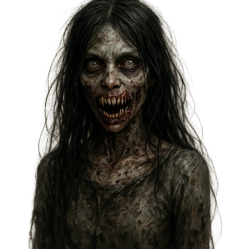 girl zombie with black long hair and sharp teeth, creepy and detailed emoji