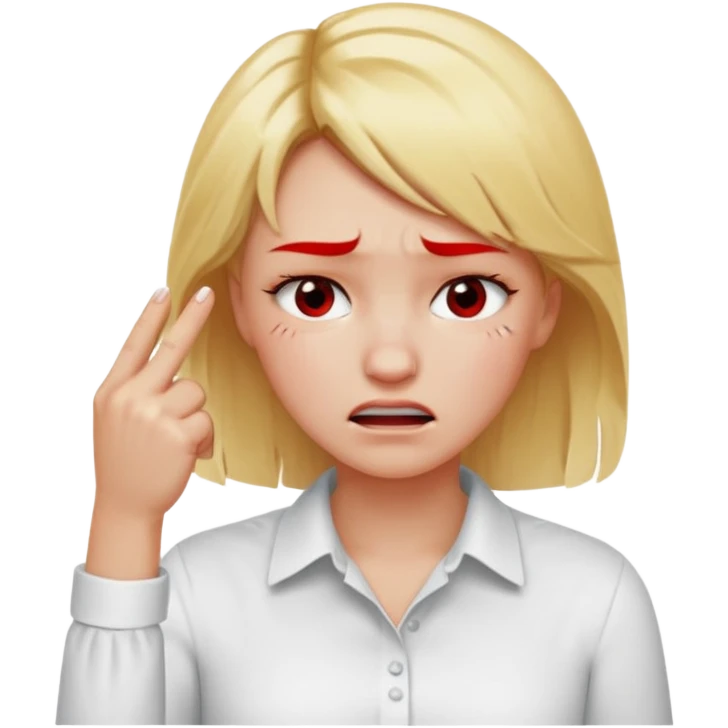 blonde girl red faced fake crying with white shirt and hands pointing to her forehead with index and middle finger and the other fingers and inxaxfist position emoji