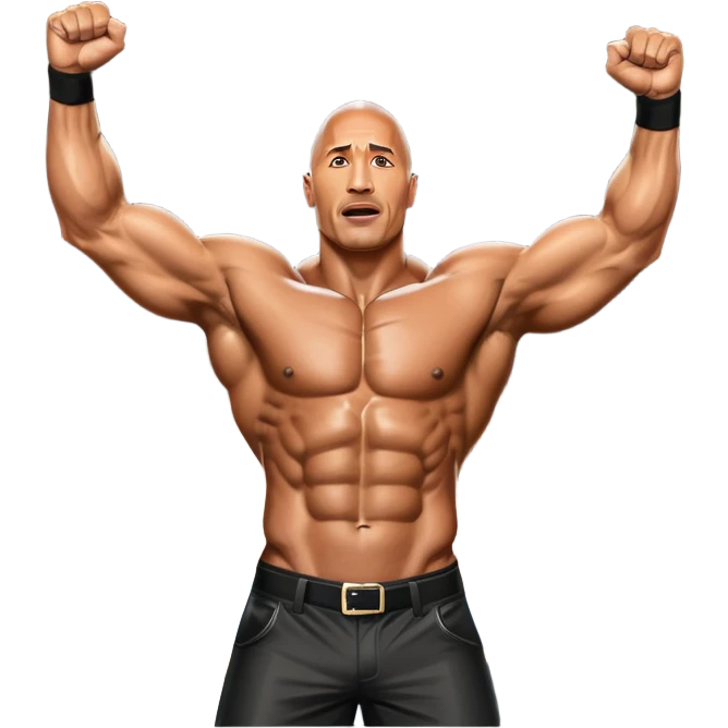 Dwayne 'The Rock' Johnson, covered in oil, striking a powerful pose on stage at the Mr. Universe bodybuilding championship. His muscles are clearly defined, exuding strength and charisma. The backdrop features a professional stage with judges and a cheering audience. Transparent background. emoji