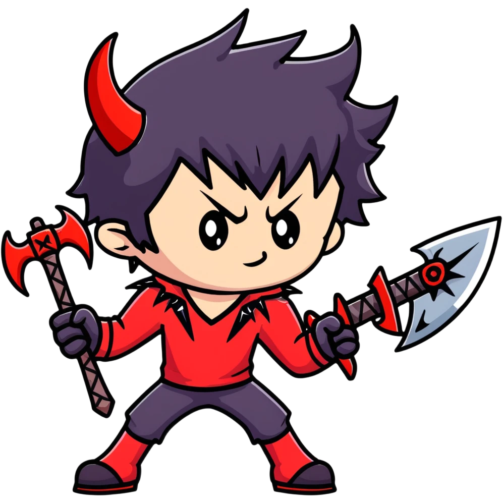 Anime devil boy with spiky black hair, red horns, and a battle axe emoji