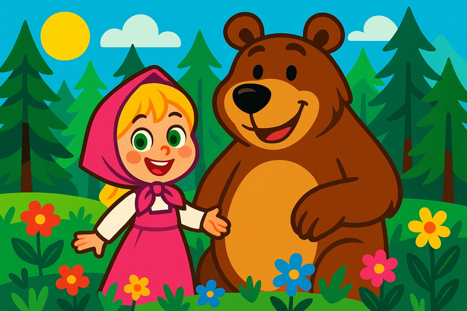 adorable cartoon scene: a blonde girl in a pink dress and headscarf, green eyes, smiling beside a large friendly brown bear in a vibrant pine forest with colorful flowers, bright background emoji