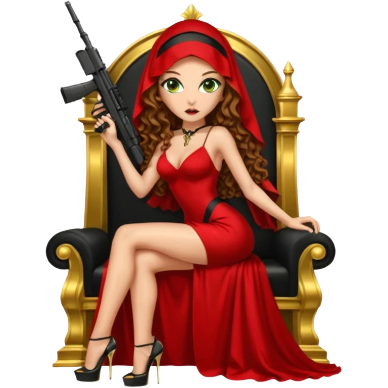 Drug dealer female green eyes symbol.  hair is brown curly long hair. sexy long with long red and black dress and mouth veil cover on that covers her mouth only. black stiletto platform high heels shoes on. Holding sniper rifle sitting on a gold throne. emoji
