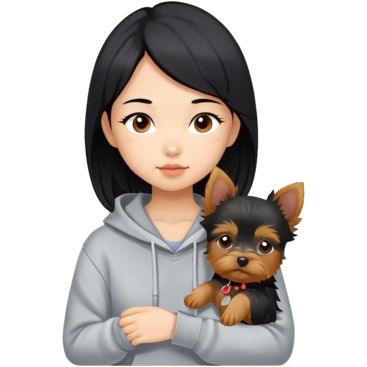 a black-haired Chinese girl in a gey hoodie with a yorkie puppy emoji