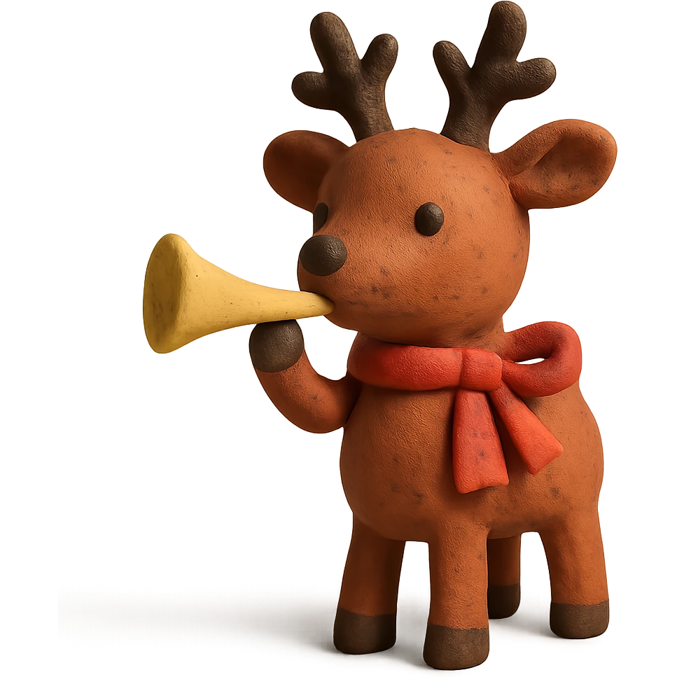 deer with ribbon scarf holding birthday horn in claymation style emoji
