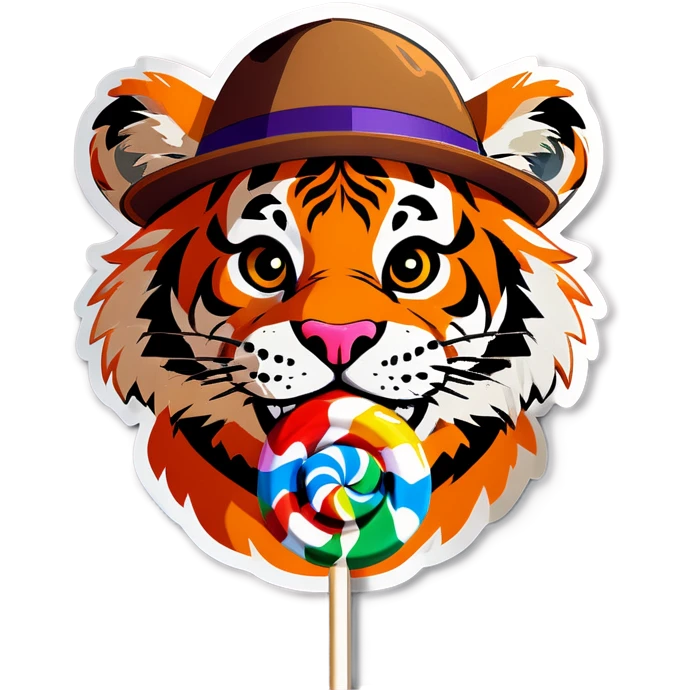 Tiger with glasses and straw hat with a lollipop in mouth emoji