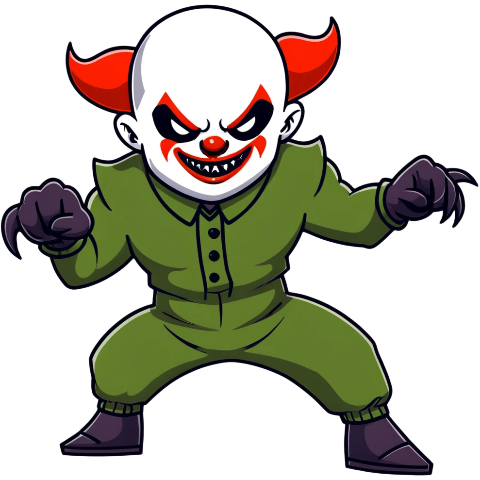 evil clown warrior, bald, very short black devil-like horns on forehead, fangs, pointed ears, black and military green leisure suit, realistically proportioned, bulky and muscular human body, full body visible, battle-ready fighting posture emoji