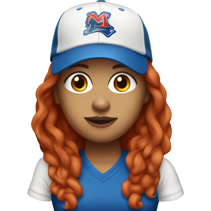 front facing standing up female coach with long red hair, wearing a white t-shirt and a simple baseball blue hat emoji