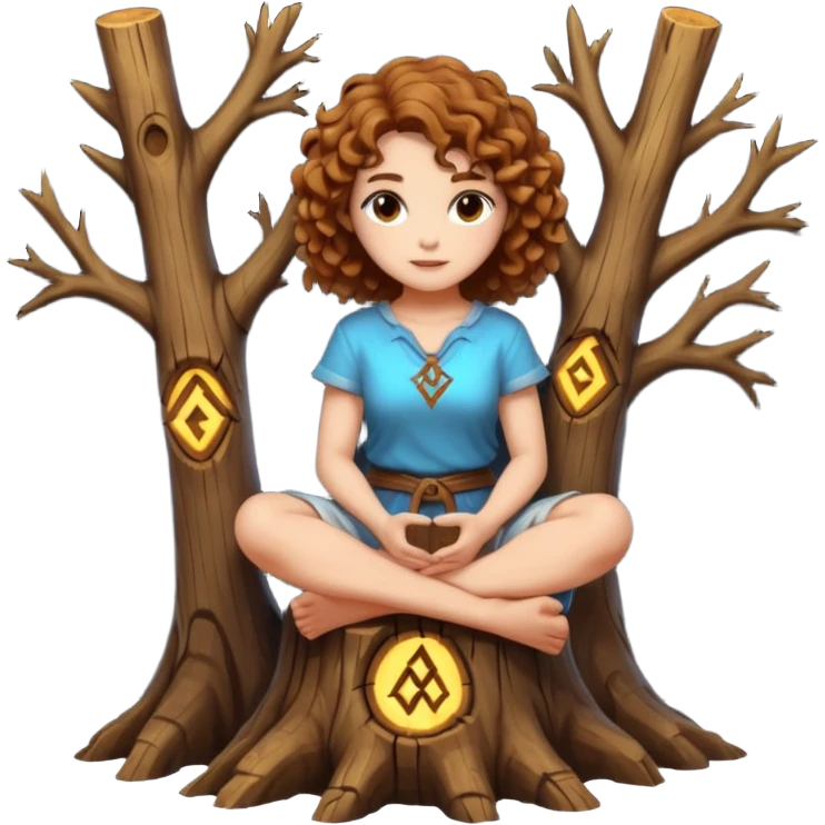 full body woman short curly brown mullet hair brown eyes white skin sitting on tree stump carving glowing rune emoji