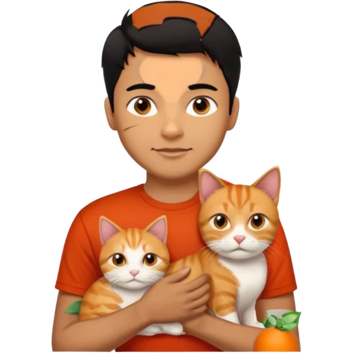 Indian Brown guy with black hair in red t-shit with orange cat emoji