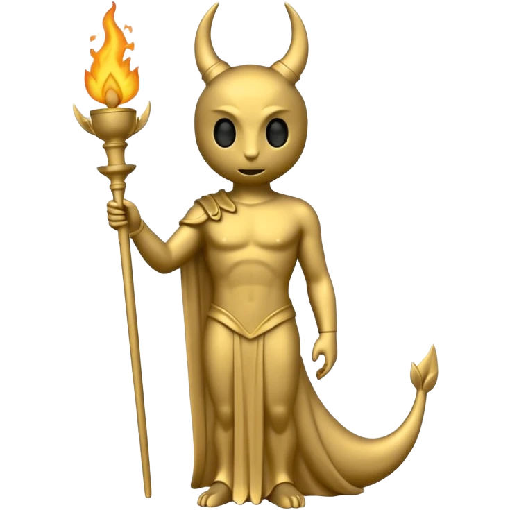 Minimalist emoji-style sticker of a full-body Oscar-like statue in matte gray-gold, with small horns, sharp tail, and faint flames at the base, all in black and muted hues emoji