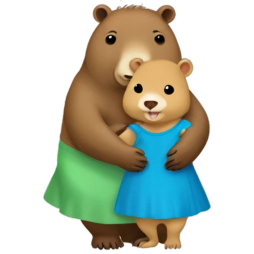 a capybara hugging a baby bear. the capybara is wearing a green dress and the bear is wearing a blue dress. emoji