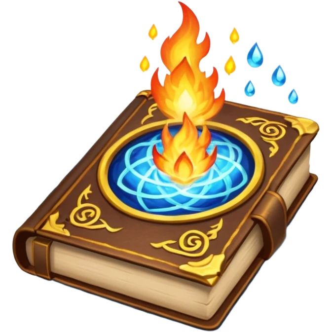 mystical tome with elemental emblems, surrounded by magical auras of fire, water, earth, and air emoji