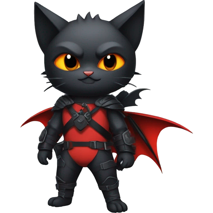 Cool Edgy Ninja Bat-Litten-Nargacuga-Cat with black bat-wing-ears with a red harness full body emoji