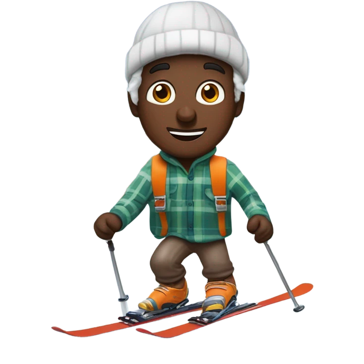 ￼ show me a man wearing an unbutton flannel shirt, snow skiing, downhill holding orange juice and maple syrup while the sky is snowing chocolate eggs emoji