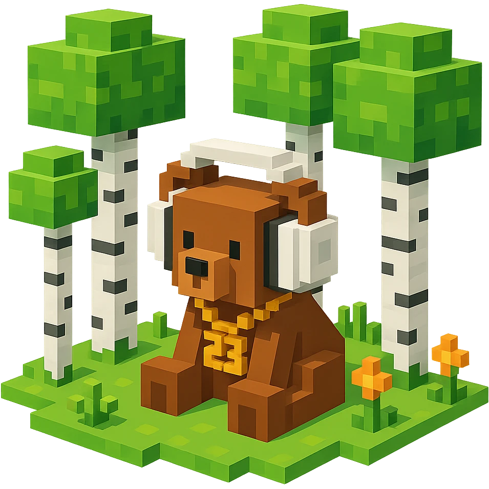 березовый лес, в котором сидит бурый медвежонок в белых наушниках (наушники должны закрывать уши медведя), на медведе цепь с подвеской "23", no background  emoji