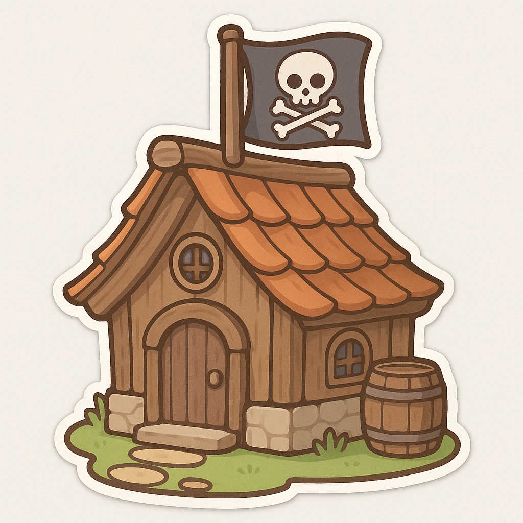 old pirate's house with skull flag emoji