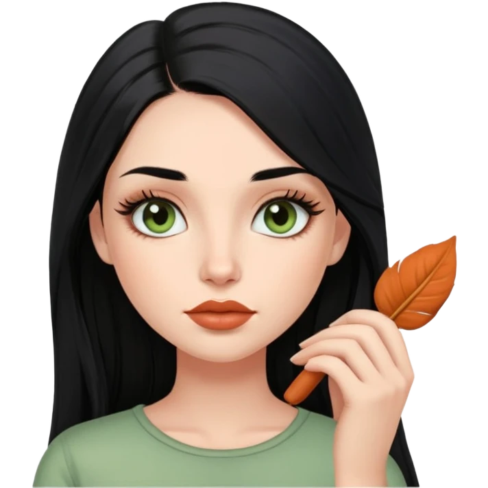 european girl with long black hair, long eyelashes, terracotta lips, light green top emoji