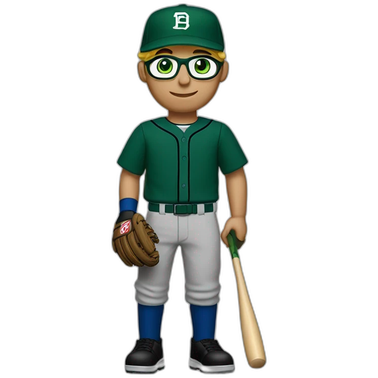 Blonde male short hair with glasses Dark green baseball uniform with hat Blue eyes a cobra snake logo with "C". waist up with a bat in one hand and a macbook emoji