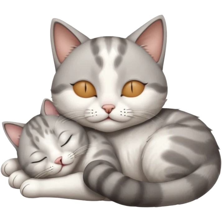 grey and white small cat with its eyes closed lying down with its paw curled and holding up his head emoji