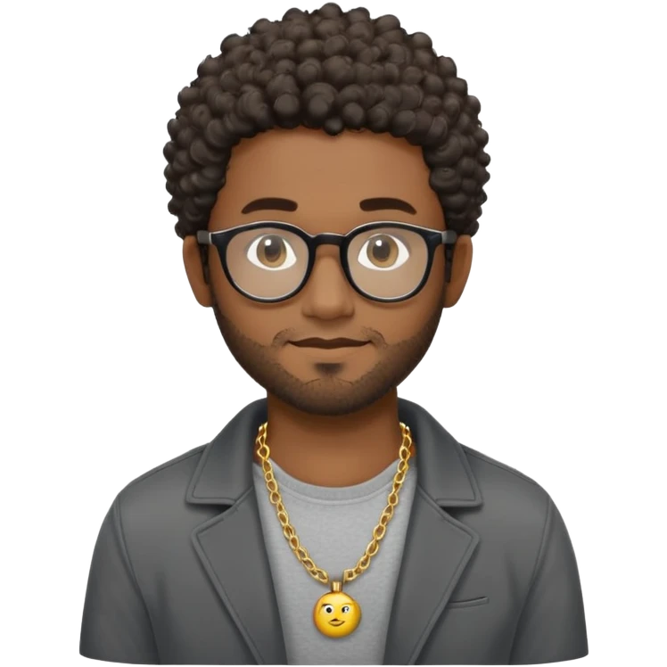Hombre latino piel marron oscuro, cara ovalada, gafas redondas oscuras, barba corta, pelo corto rizado. Sonrisa leve, expresión tranquila. Camiseta gris, jacket negro abierto, collar dorado emoji