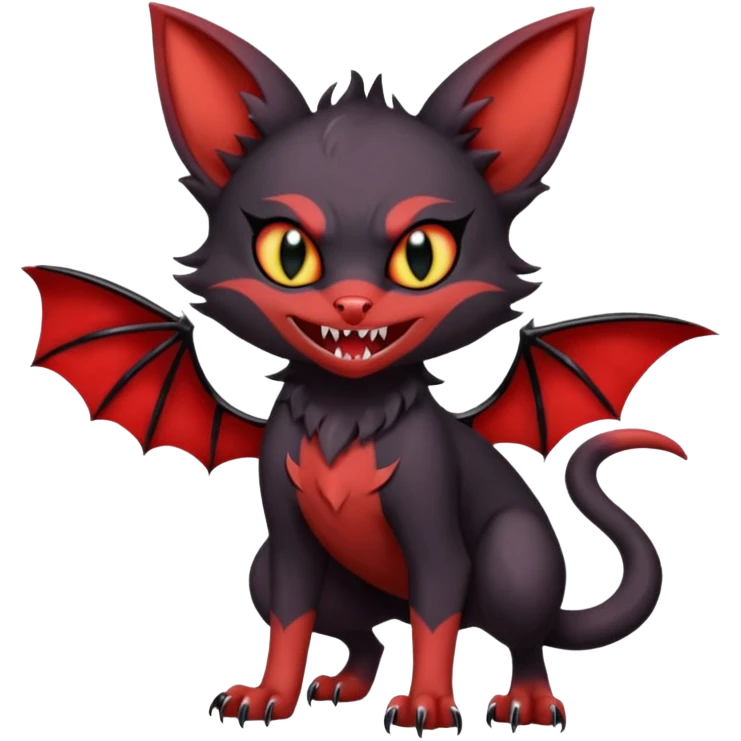Vampiric Batty Black and Sanguine-red Noibat-Litten-Torracat-Lykoi-hybrid-fusion (full body) with big fangs, and bat-ears for ears emoji