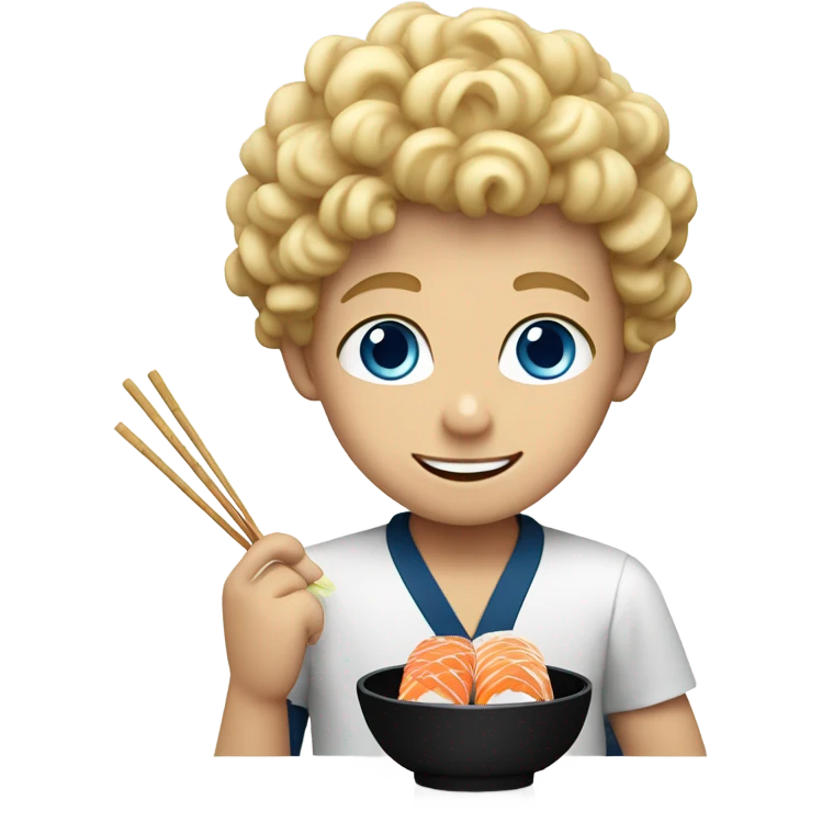 blond boy with curly hair and blue eyes eating sushi emoji