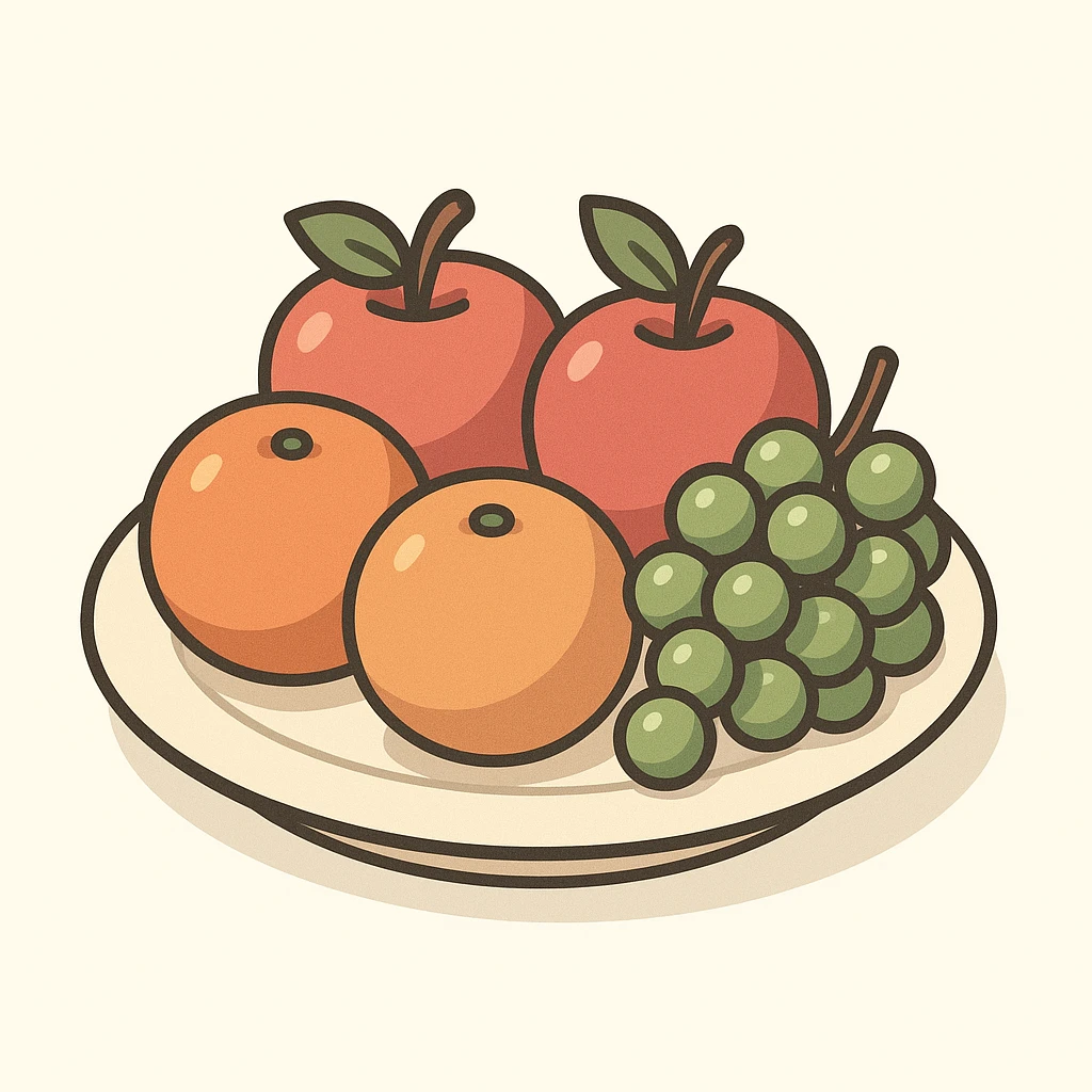 a plate with assorted fruits including apples oranges and grapes in 2D isometric illustration style emoji