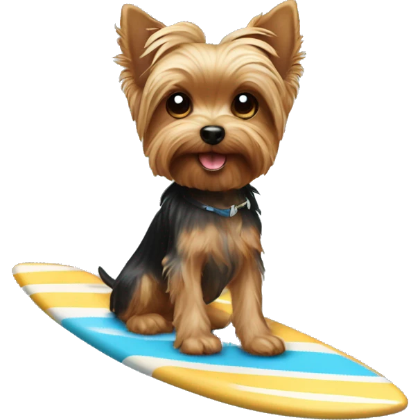 A Yorkie dog riding a surf board holding a dog bone emoji